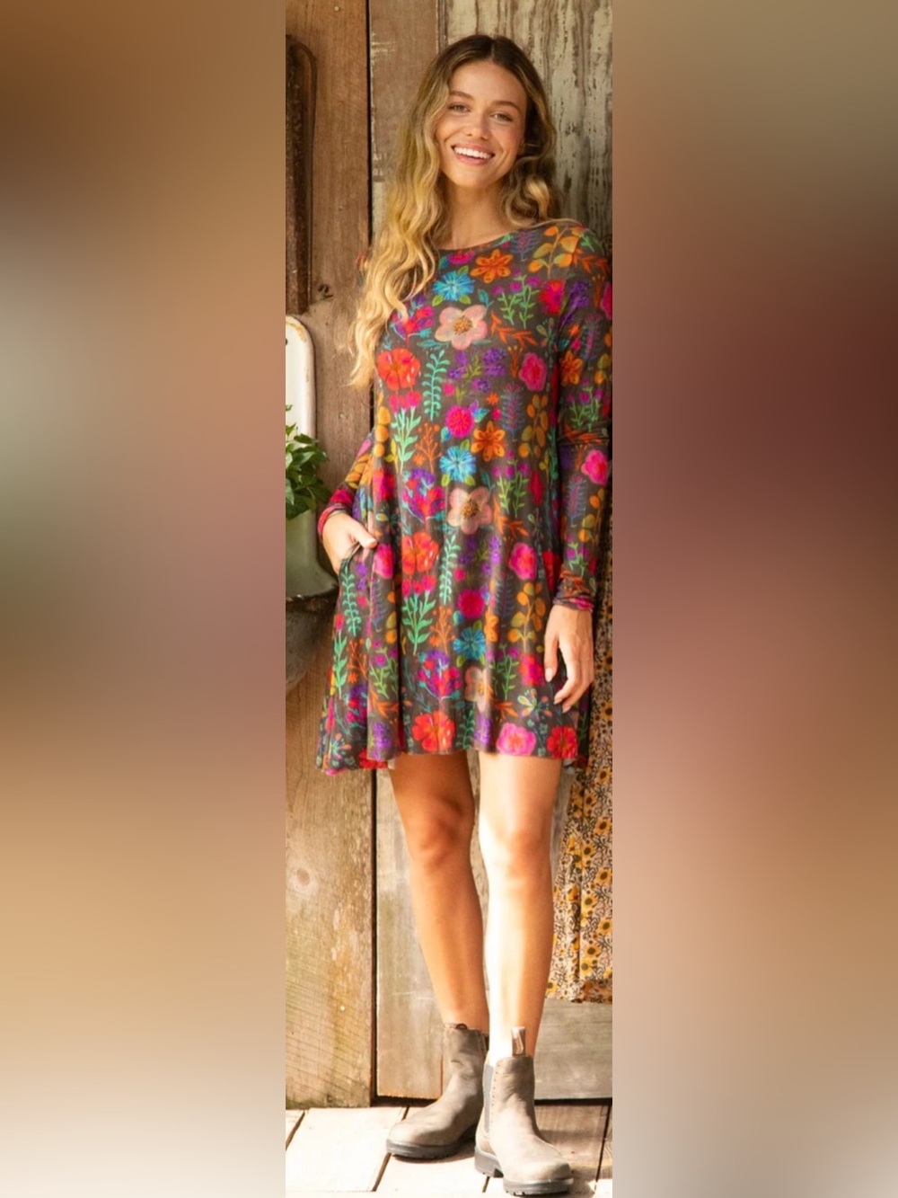 Women’s Floral Long-Sleeve Swing Dress in Brown